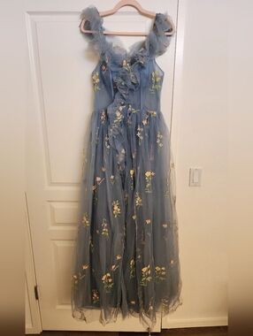 Blue Floral Tulle Prom Dress with Ruffle Detail